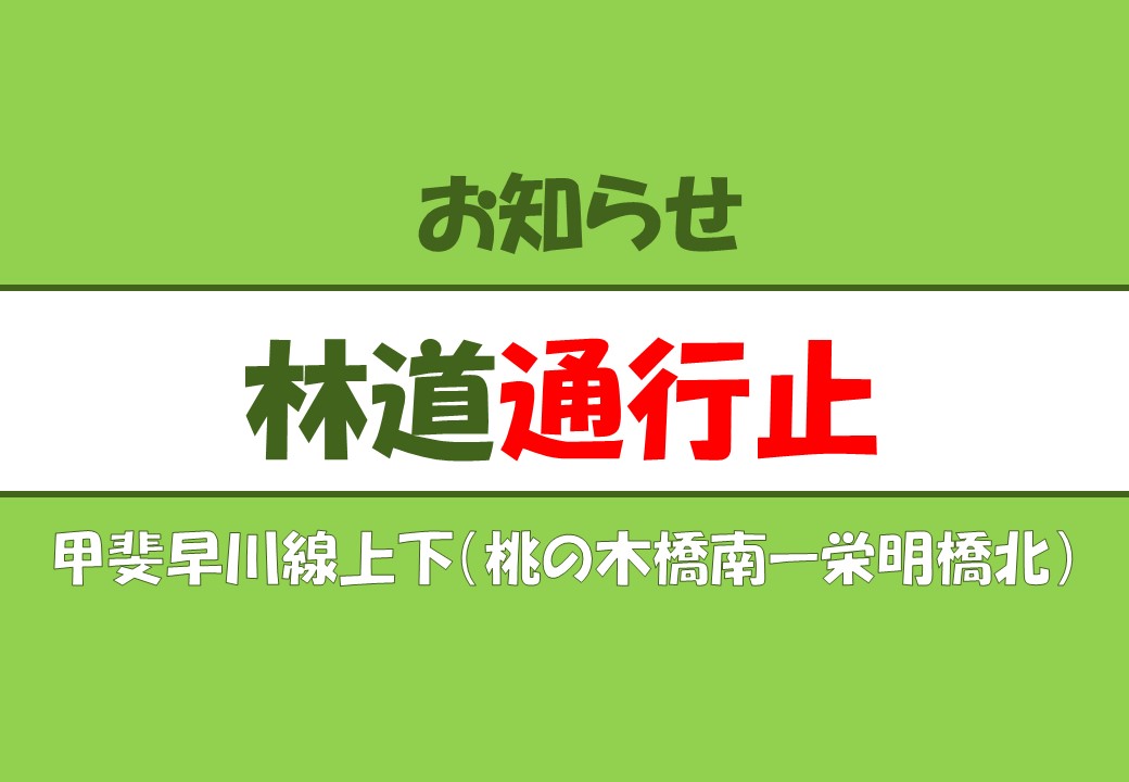 【林道通行止め】甲斐早川線 上下 雨量規制のため全面通行止め